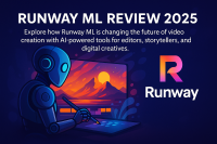 Promotional cover image for “Runway ML Review 2025” showing a futuristic robot using a digital pen to edit video scenes on a glowing screen, with the Runway logo and colorful background representing AI video creation.