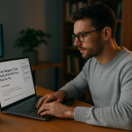Blogger using AI assistant to draft a blog post on a laptop in 2025