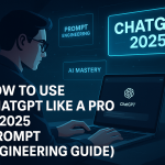 A futuristic illustration of a man using ChatGPT on a laptop, with glowing text elements like "Prompt Engineering", "AI Mastery", and "ChatGPT 2025" displayed on a digital interface.